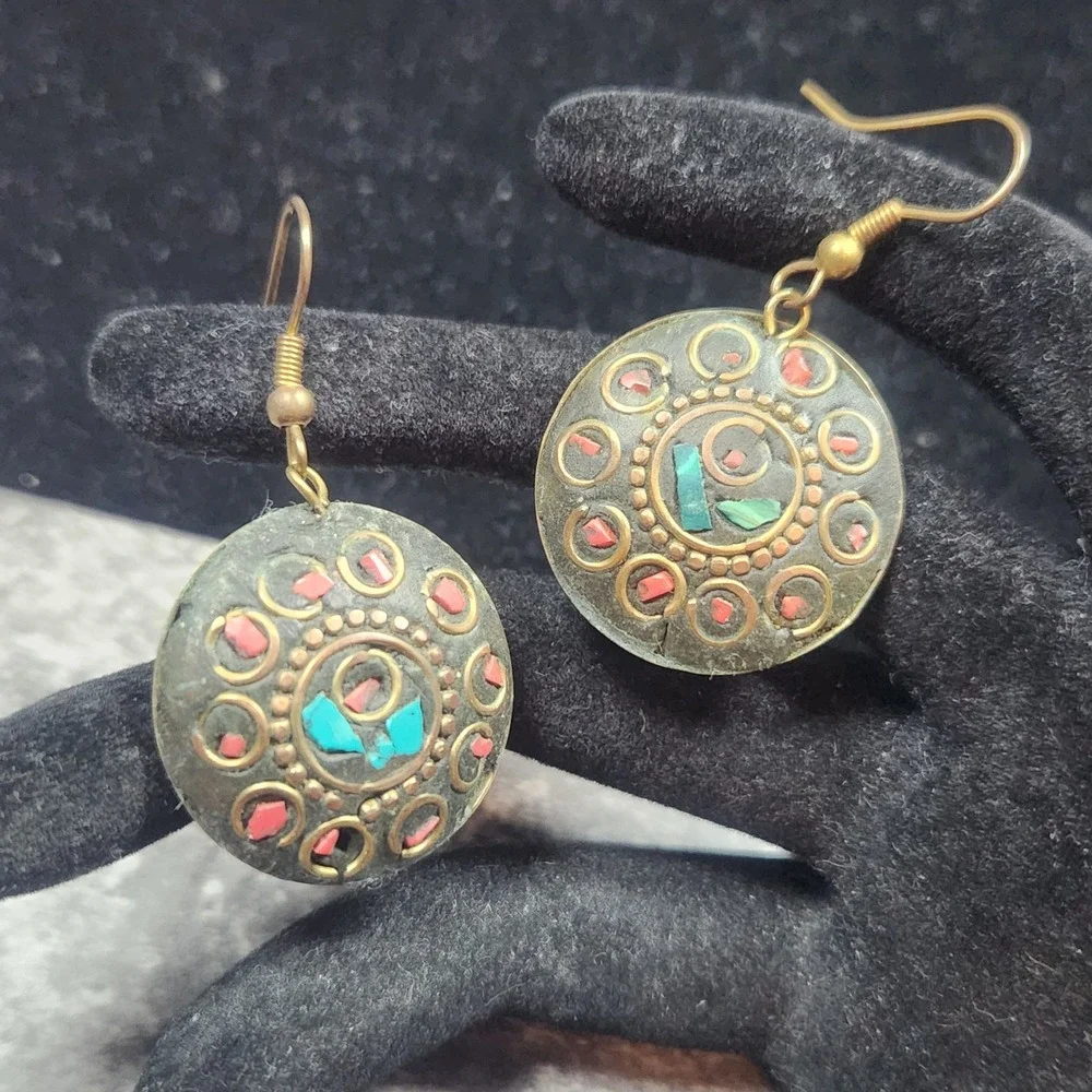 Tibetan Mosaic Inlay Drop Earrings Turquoise Coral Brass Boho Round Dangle